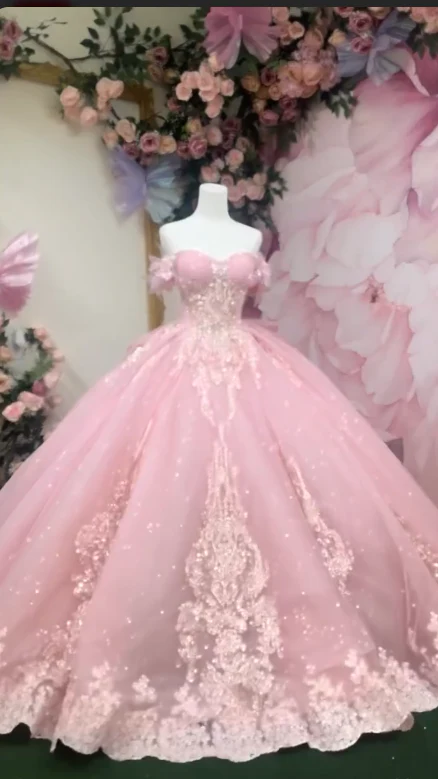 Gorgeous Pink Off-the-shoulder Tulle Long Ball Gown Sweet Applique Beaded 16th Birthday Dress Cute Quinceanera Dress DH2740 - Deanwangkt