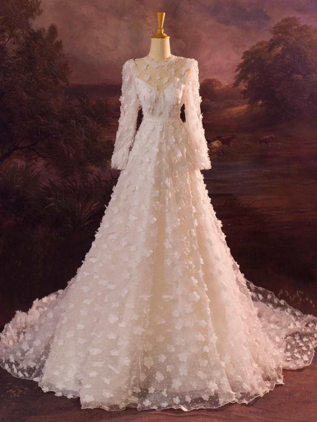 Elegant Wedding Dress Ball Gown Scoop Long Sleeves Tulle Flowers Long Wedding Dresses Bride Dress Bridal Gowns DH412 - Deanwangkt