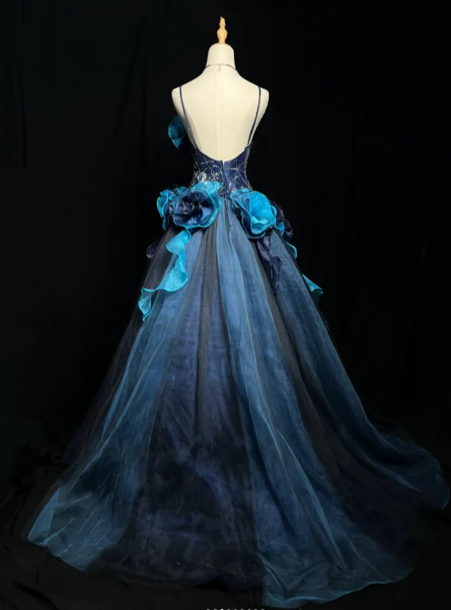 Gorgeous Ball Gown Tulle Long Prom Dresses Appliqué Blue Quinceanera Dresses Sweet 16 Dress DP3992 - Deanwangkt