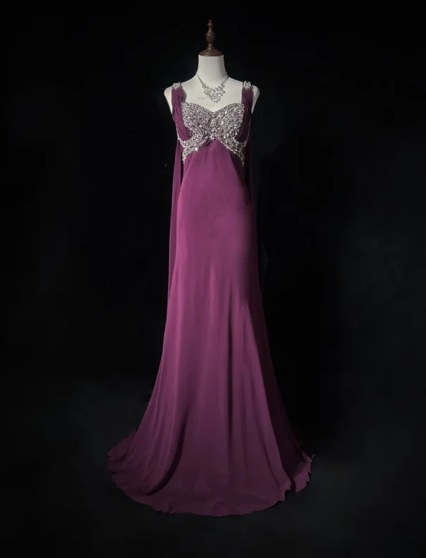 Vintage Strap Sheath Long Prom Dresses Elegant Rhinestone Chiffon Grape Evening Dresses DP3695 - Deanwangkt