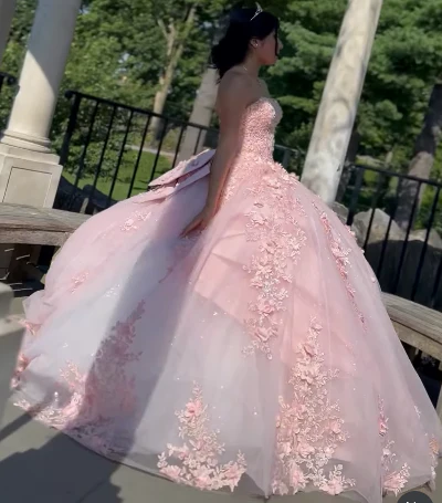 Modest Ball Gown Sweetheart Neck Blush Pink Tulle Applique Long Quinceanera Dress Formal Gowns Vestido De 15 Anos Sweet 16 Dress  DP2756 - Deanwangkt