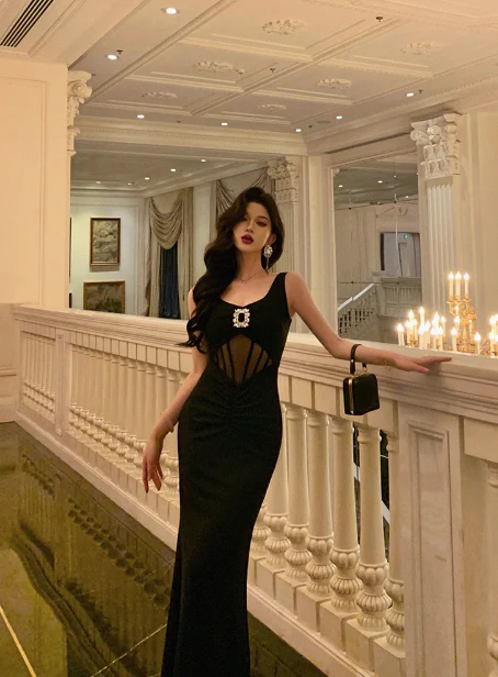 Cute Mermaid V Neckline Black Sleeveless 18th Birthday Dress Party Gown Birthday Outfits Birthday Dress Ideas For Women DP538 - Deanwangkt