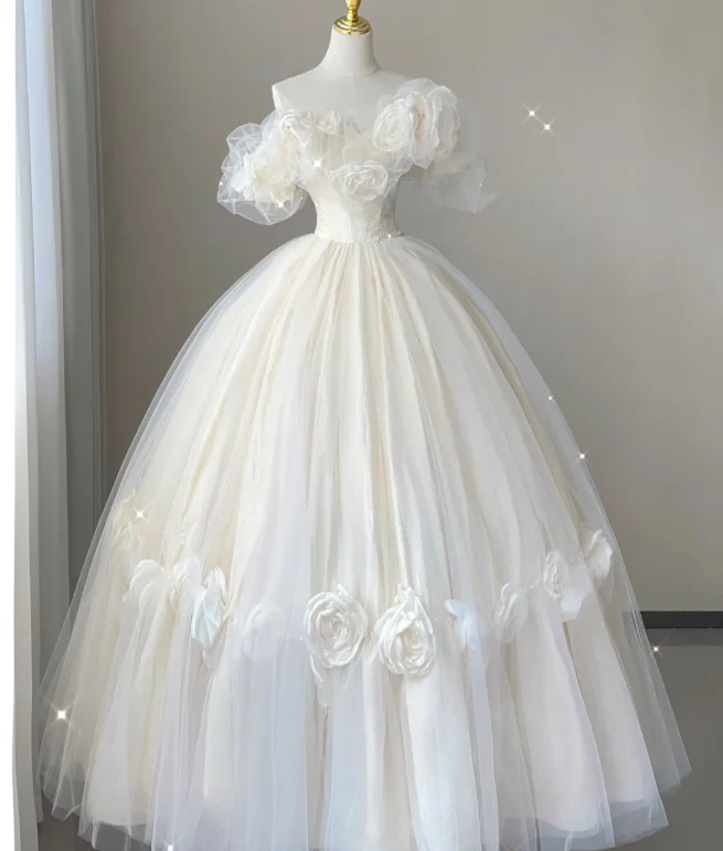 Timeless Ball Gown Off The Shoulder Short Sleeves Tulle Flowers Wedding Dresses Brides Dress DP444 - Deanwangkt