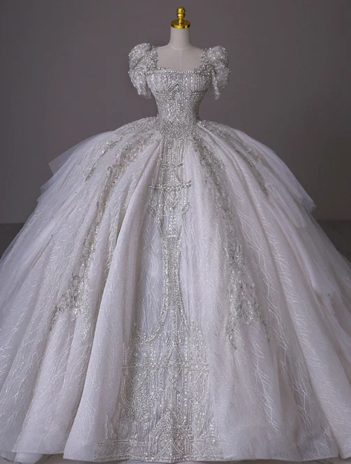 Princess Bridal Dress Ball Gown Square Neck Tulle White Beads Long Wedding Dress Modest Short Sleeve Bridal Gowns DP2770 - Deanwangkt