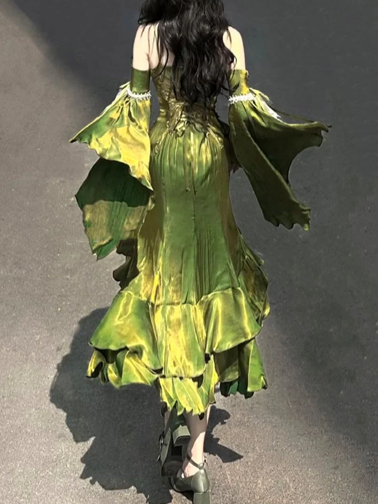 Vintage High Low Spaghetti Straps Green 16th Birthday Dress Lolita Dress Satin Birthday Outfits DP0222 - Deanwangkt