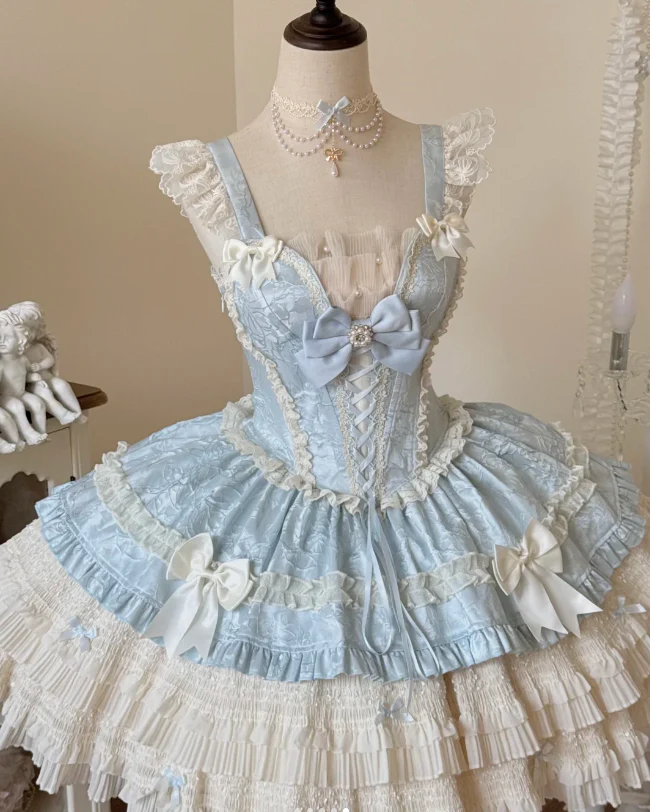 Sweet Strap Short Ball Gown Satin Chiffon Birthday Dresses Blue Lolita Dresses DP3323 - Deanwangkt