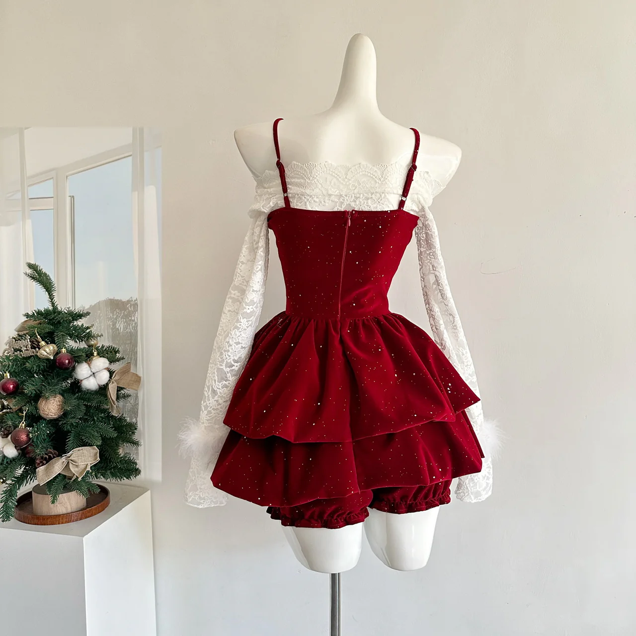 Cute Spaghetti Straps Red Ruffles Velvet Summer Dress 3 Pieces Holiday Party Outfits For Women DP0092 - Deanwangkt