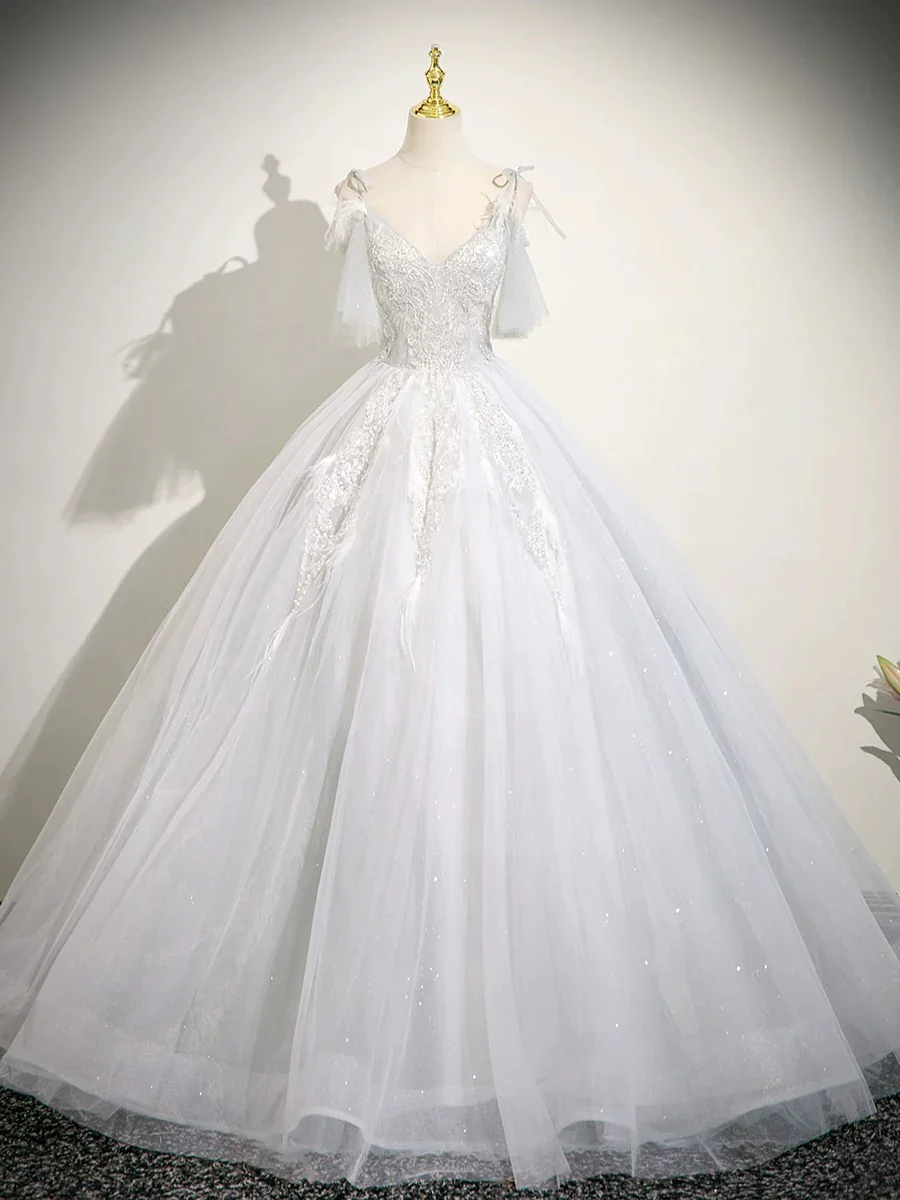 Cute V neck A-Line Tulle Long Prom Dresses, White Sweet 16 Dresses DP3169 - Deanwangkt