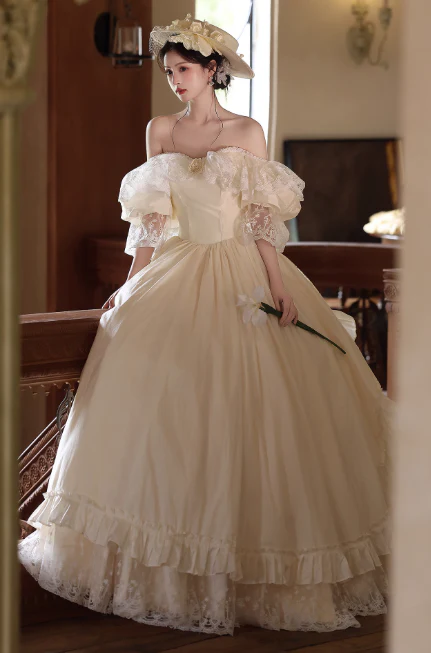 French Off-the-shoulder A-Line Wedding Dresses Lace Champagne Bridal Gowns DP3298 - Deanwangkt