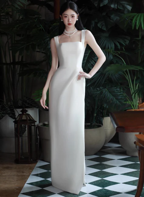 Elegant Square Neck Sheath Long Prom Dresses Satin White Evening Dresses DP3316 - Deanwangkt