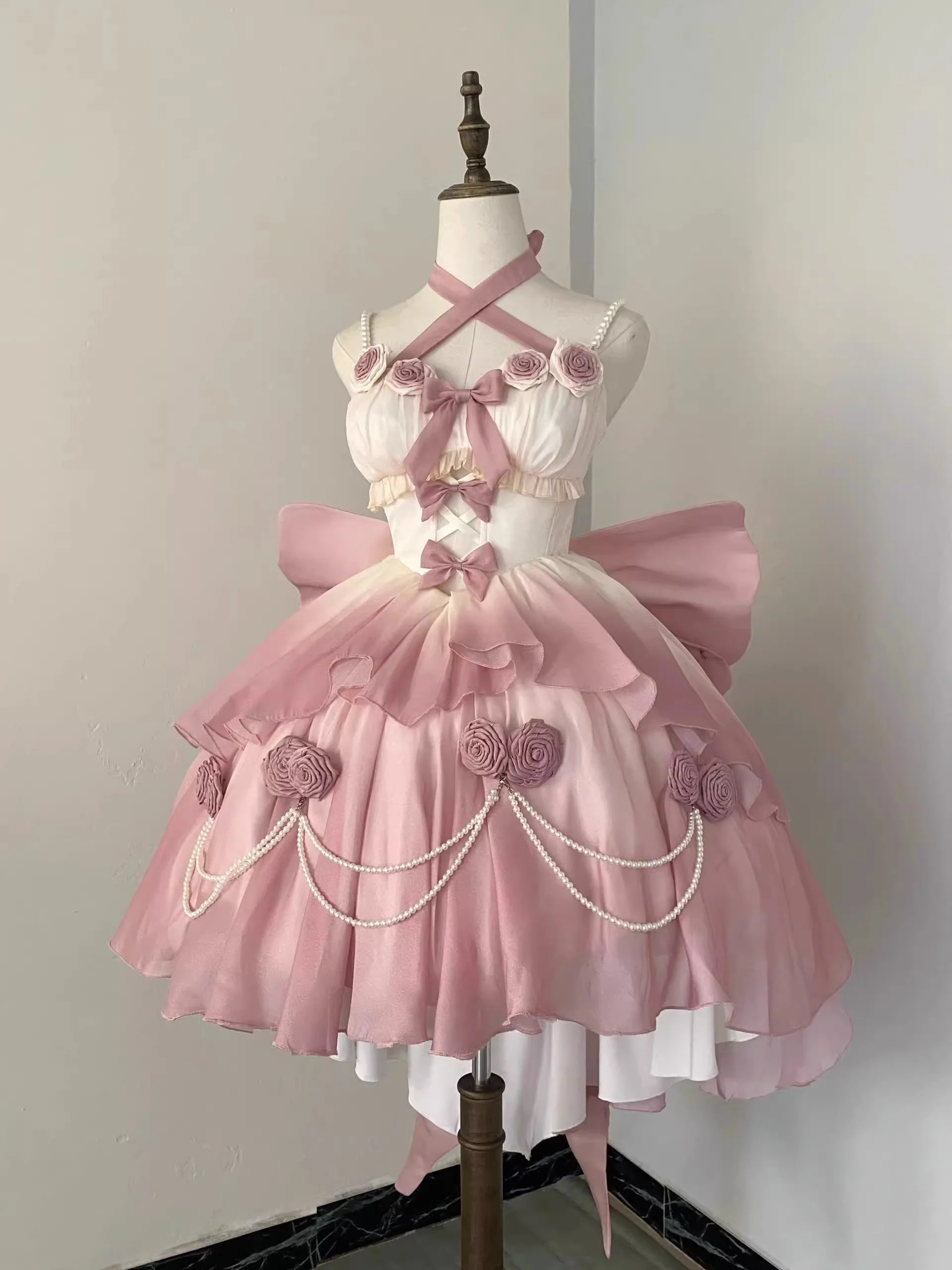 Vintage Ball Gown Spaghetti Straps Short Chiffon Summer 18th Birthday Dress High Low Ombre Pink Pearls Lolita Dress Birthday Outfits W1232 - Deanwangkt