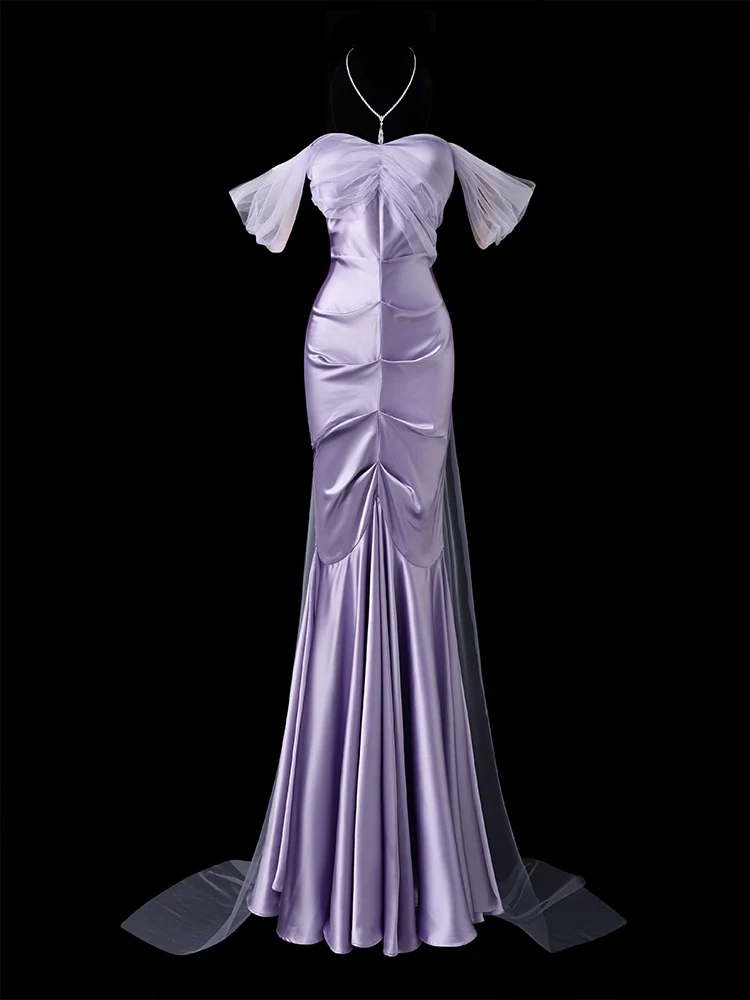 Glam Mermaid Long Prom Dresses, Satin Lavender Formal Dresses Off-the-shoulder Evening Dresses DP3218 - Deanwangkt