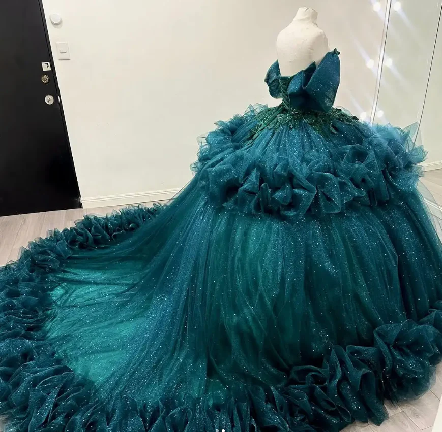 Cute Off Shoulder Ball Gowns Jade Tulle Long Quinceanera Dress Formal Gowns Vestido De 15 Anos Sweet 16 Dress DP3245 - Deanwangkt
