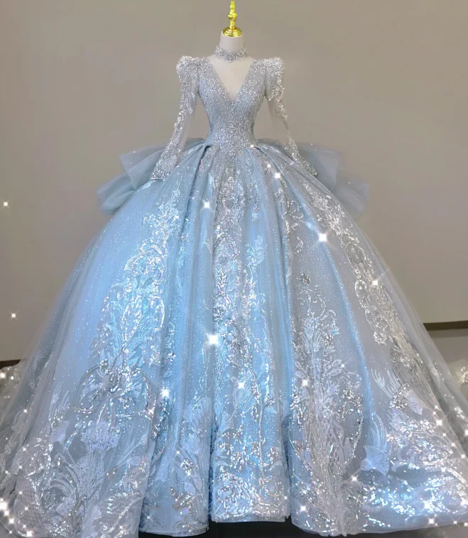 Timeless Ball Gown V Neckline Sequin Blue Long Sleeves Wedding Dresses Brides Dress DP465 - Deanwangkt