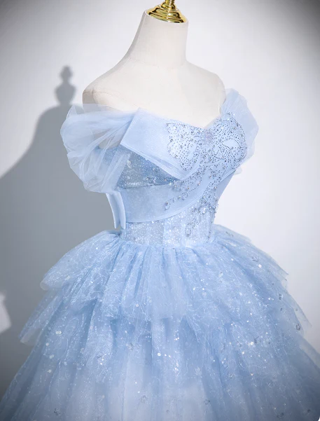 Cute Off-shoulder Ball Gown Tulle Sequined Long Prom Dress Sweet Ice Blue Quinceanera Dress DP2964 - Deanwangkt