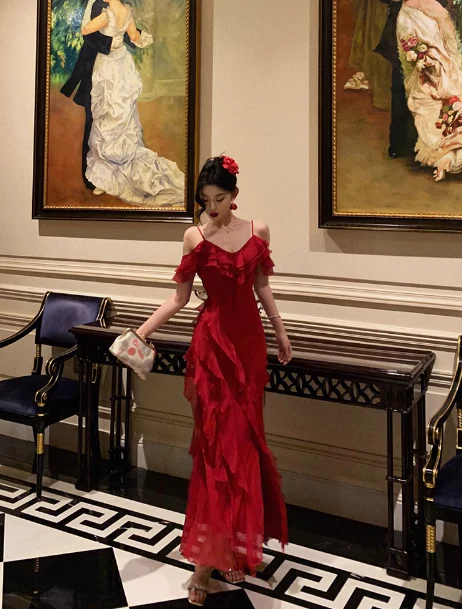 Classy A line Spaghetti Straps Red Chiffon Sleeveless 18th Birthday Dress Party Gown Birthday Outfits Birthday Dress Ideas For Women DP558 - Deanwangkt