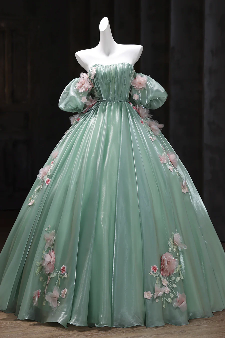 Gorgeous Green Off-the-Shoulder Tulle Long Ball Gown Sweet Flower 16th Birthday Dress Cute Quinceanera Dress DH2741 - Deanwangkt