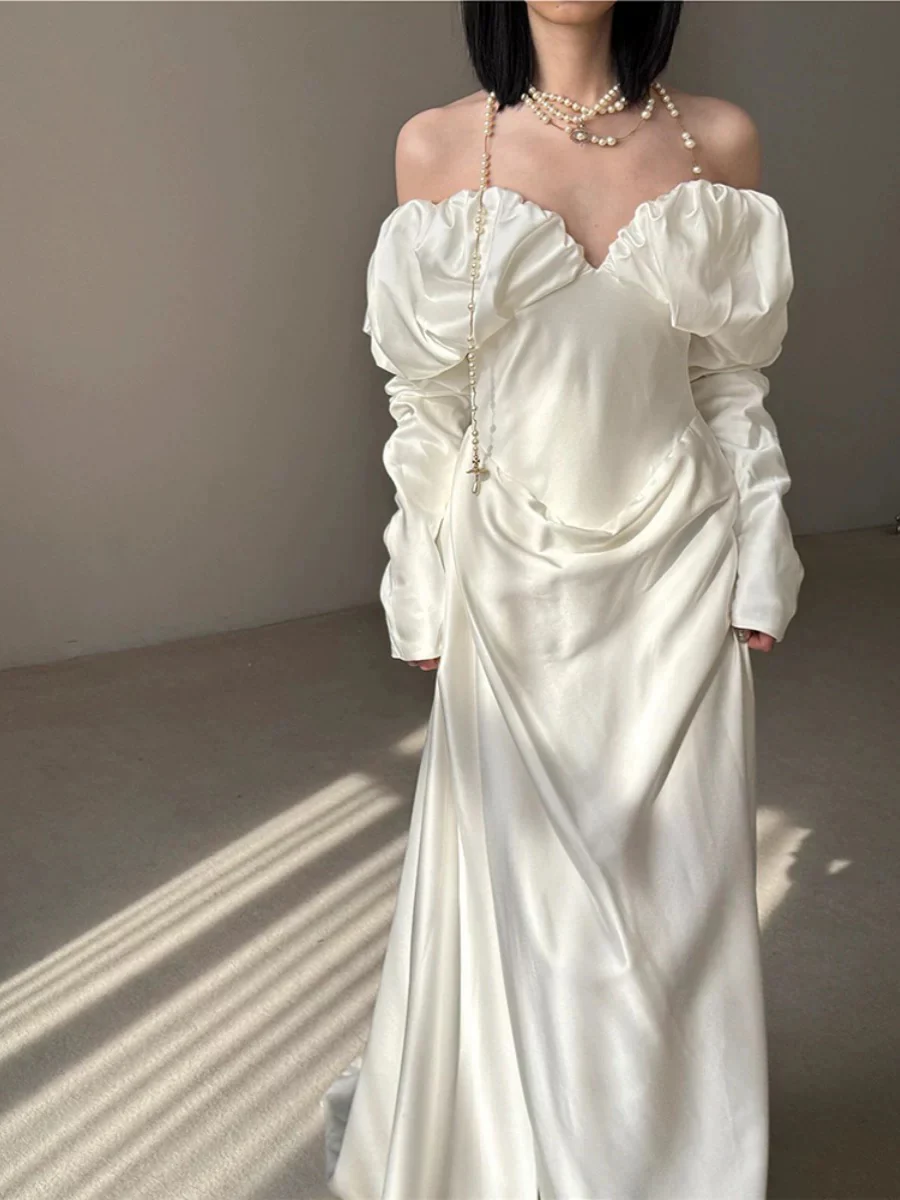 Vintage Wedding Dress Sheath Off The Shoulder Long Sleeves White Summer Beach Long Sleeves Wedding Dresses Bridal Gowns W0769 - Deanwangkt