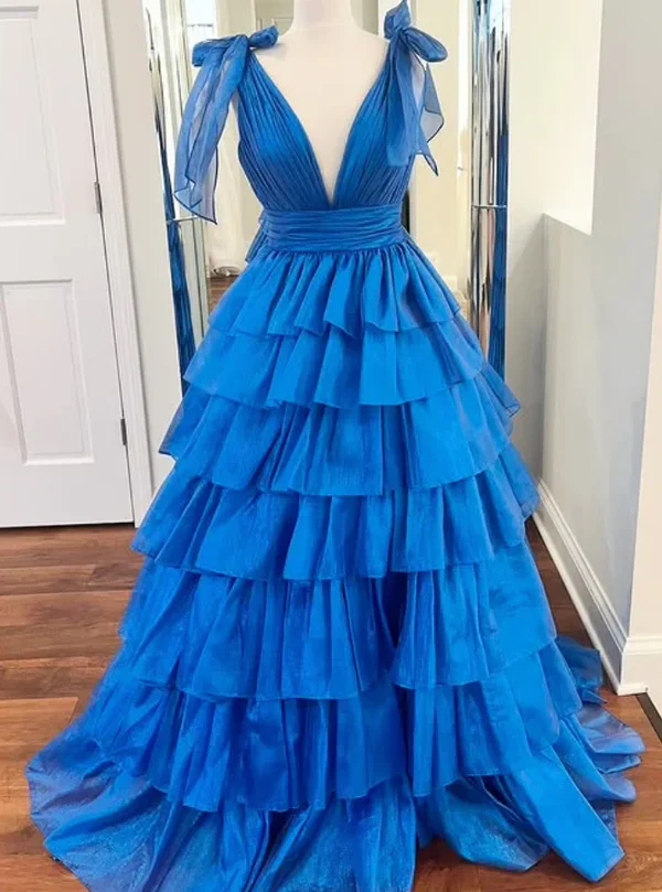 Modest Ball Gown V-neck Long Prom Dress with Ruffle Skirt Birthday Outfits Party Dress Formal Dress DP261 - Deanwangkt