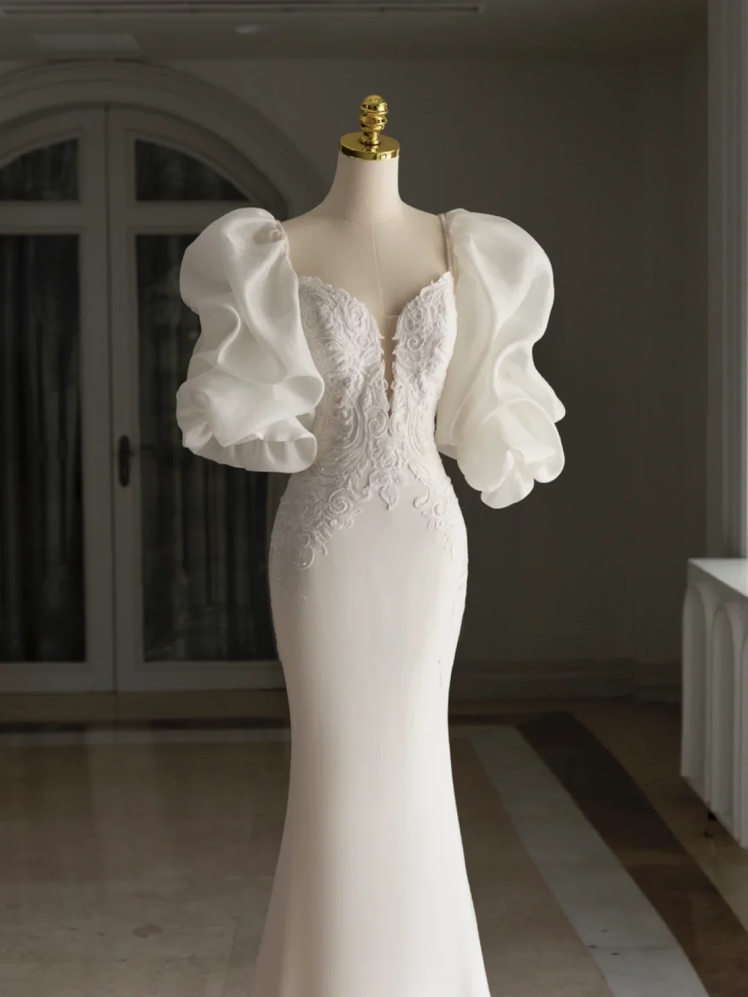 Retro Mermaid Sweetheart 3/4 Sleeves Satin Wedding Dress With Lace Wedding Dresses Modest Wedding Gowns DH1296 - Deanwangkt