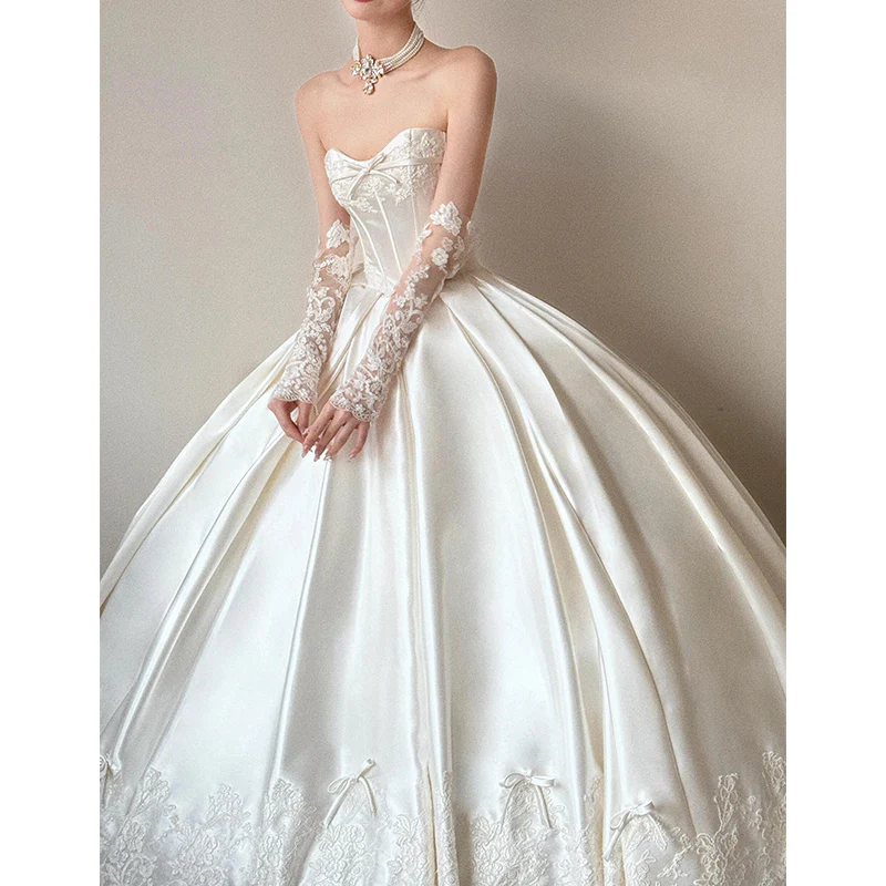 Classy Elegant Wedding Dress Ball Gown Strapless Satin Lace Long Wedding Dresses Bridal Gowns DH748 - Deanwangkt
