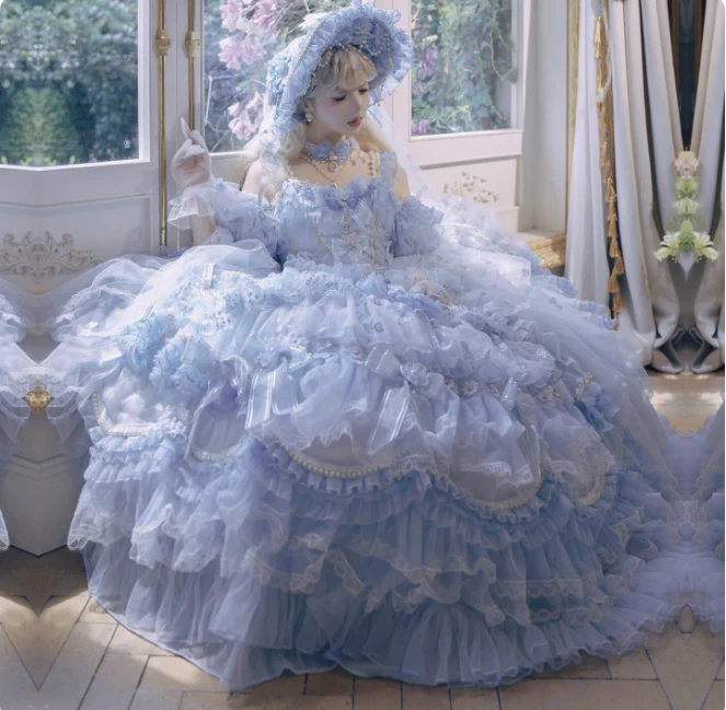 Cute Strap Ball Gown Lace Tulle Blue Birthday Dresses Blue Lolita Dresses DP3903 - Deanwangkt