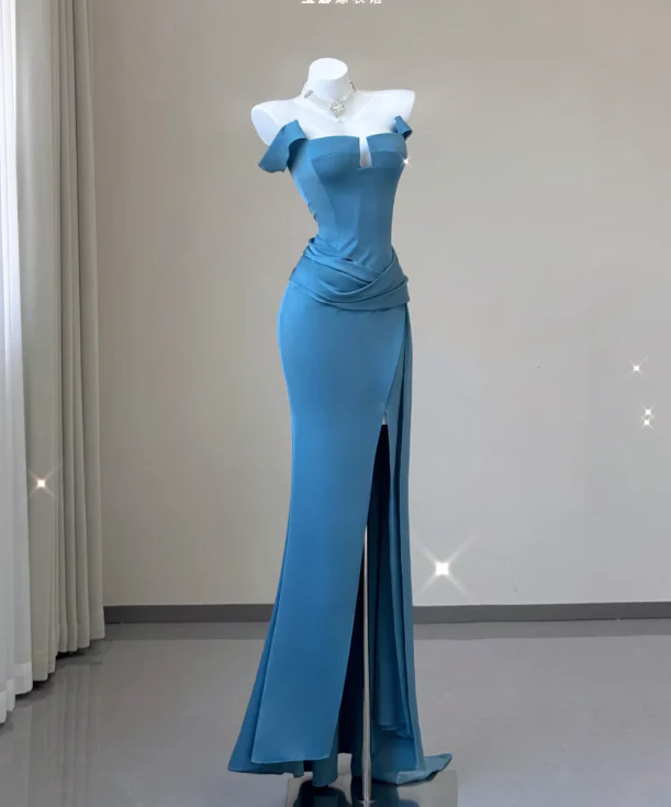 Classy Mermaid Strapless Blue Satin Evening Dress Long Prom Dresses P0009 - Deanwangkt