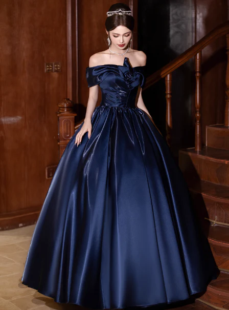 Elegant Cap Sleeve A-Line Prom Dress Satin Navy Blue Evening Gown DP3809 - Deanwangkt
