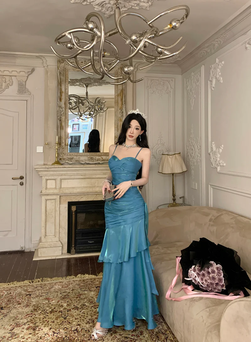 Pretty Mermaid Spaghetti Straps Sleeveless Blue Prom Gown Long Evening Dress Prom Dresses DP229 - Deanwangkt