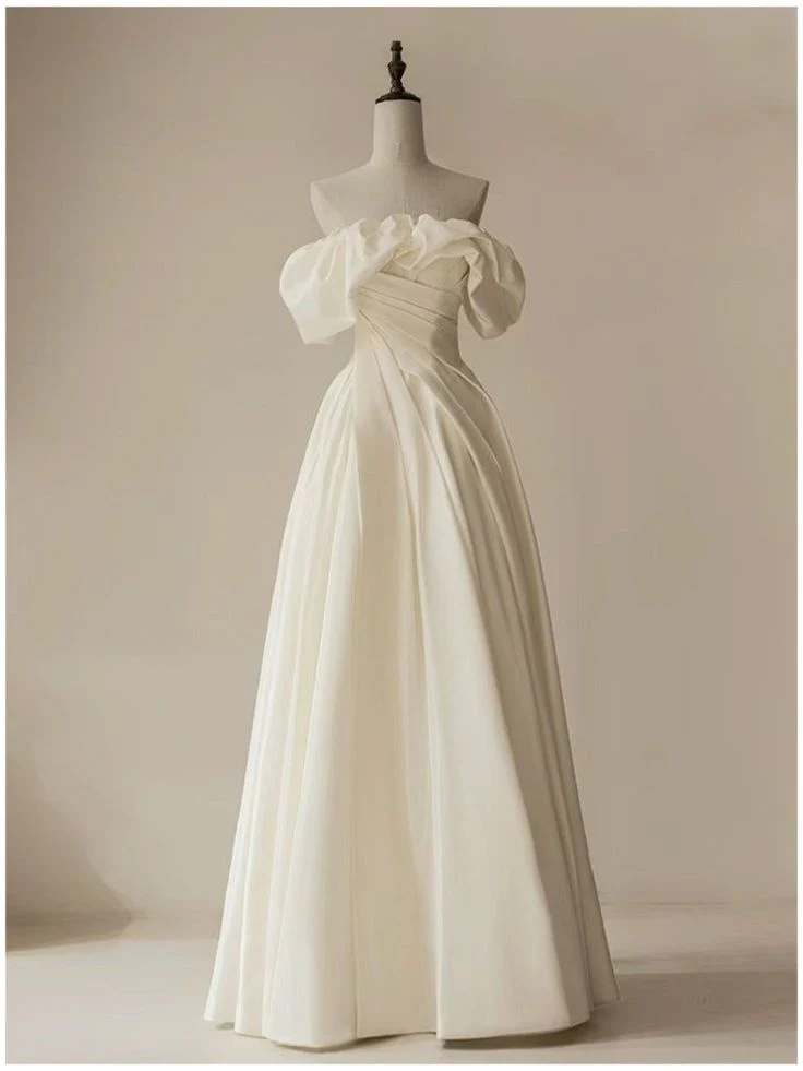 Timeless Bridal Gown A line Off The Shoulder White Long Pleated Satin Wedding Dresses Elegant Bridal Gowns DH962 - Deanwangkt
