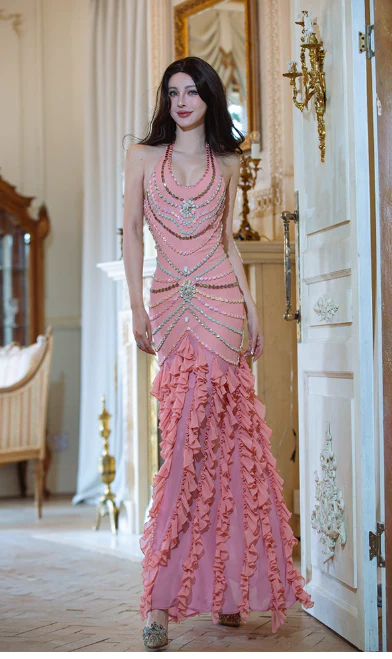 Elegant Halter Mermaid Chiffon Beaded Long Prom Dresses, Pink Formal Evening Dresses DP3071 - Deanwangkt