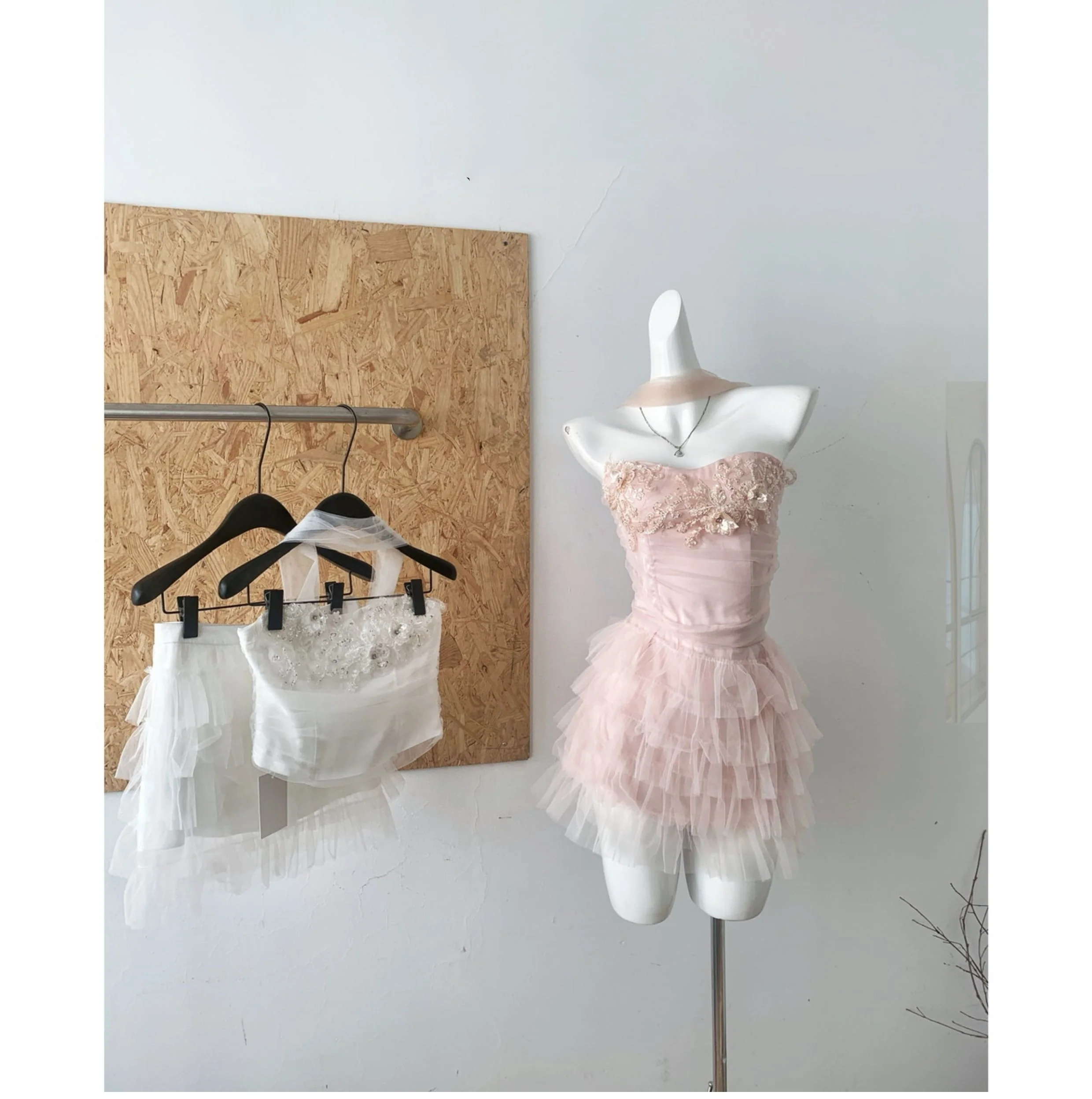 Cute Spaghetti Straps Pink Ruffles Tulle Summer Dress 2 Pieces Holiday Party Outfits For Women DP0094 - Deanwangkt
