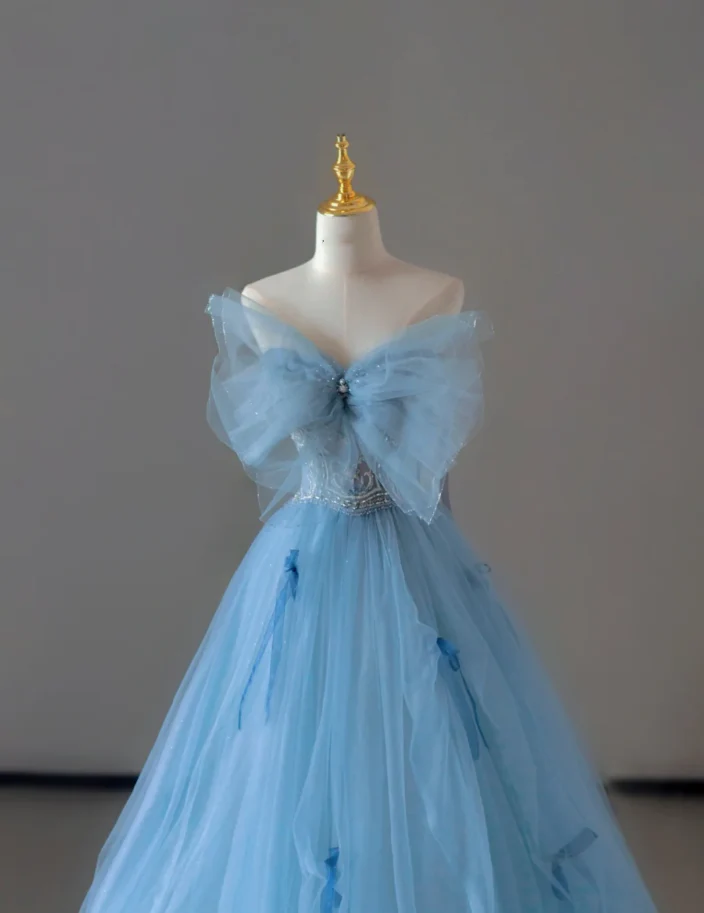 Pretty Ball Gown Strapless Blue Tulle l Sleeveless Long Prom Dresses Evening Dresses DP520 - Deanwangkt