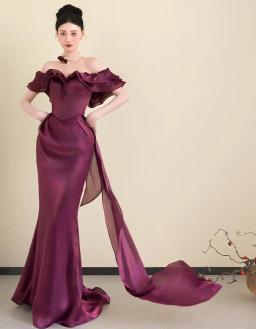 Chic Off-the-shoulder Mermaid Long Prom Dresses Satin Grape Evening Dresses DP3314 - Deanwangkt