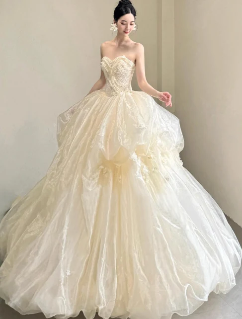Elegant Strapless Ball Gown Tulle Long Luxury Wedding Dresses Light Champagne Sleeveless Bridal Gowns DP3019 - Deanwangkt