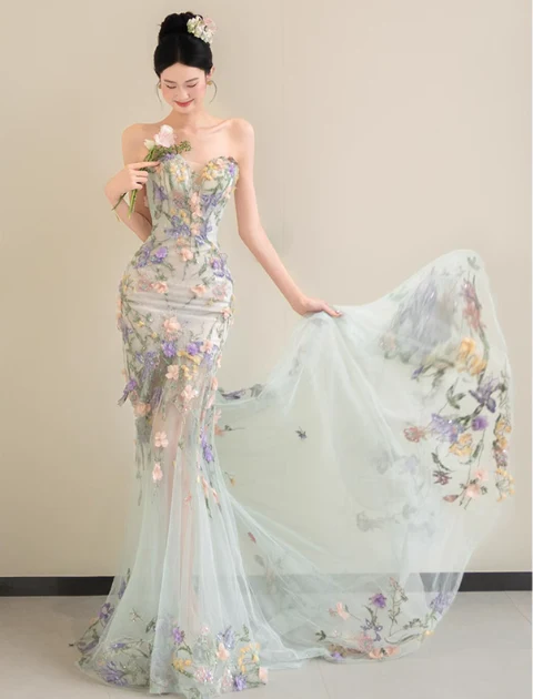 Fairy Mermaid Soft Green Long Prom Dresses Sweetheart Neck Tulle Applique Light Green Birthday Dresses DP3824 - Deanwangkt