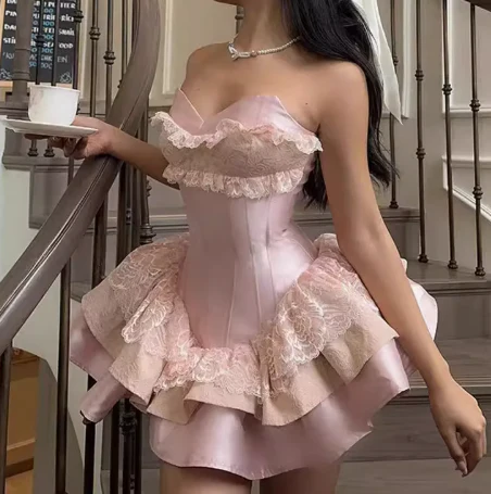 Princess Ball Gown Sweetheart Pink Satin Lace Short Formal 8th Grade Homecoming Dresses Middle School Cocktail Dress Hoco Outfits DH2597 - Deanwangkt