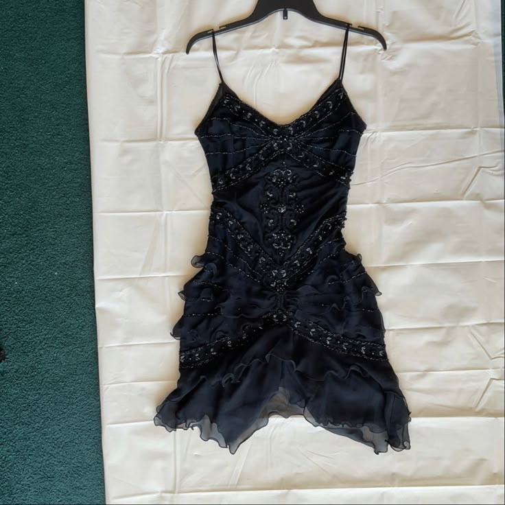 Vintage A line Spaghetti Straps Navy Blue Short Chiffon Beads Formal Homecoming Dresses Short Dresses Party Graduation Dress Hoco Dresses DH2711 - Deanwangkt