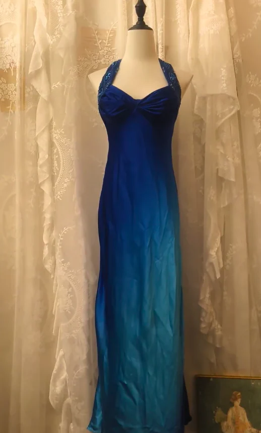 Chic Sheath Blue Long Prom Dresses Sleeveless Satin Blue Wedding Guest Dresses DP04026 - Deanwangkt