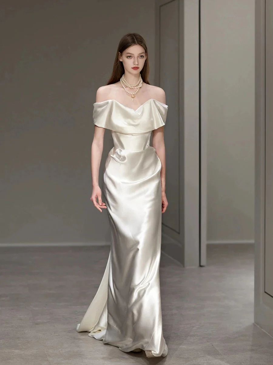 Elegant Mermaid Off The Shoulder Satin Short Sleeves Wedding Dresses Brides Dress H2868 - Deanwangkt