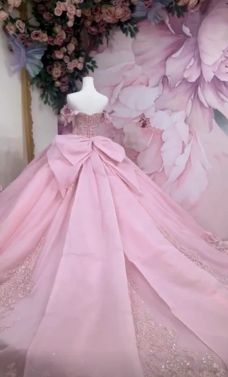 Gorgeous Pink Off-the-shoulder Tulle Long Ball Gown Sweet Applique Beaded 16th Birthday Dress Cute Quinceanera Dress DH2740 - Deanwangkt