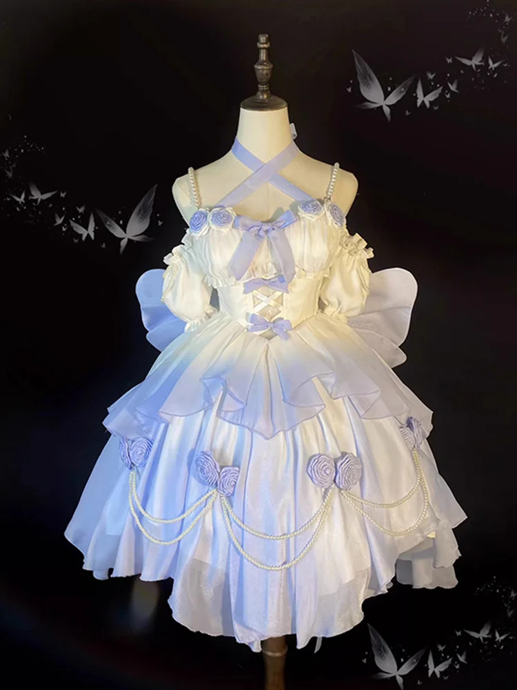 Vintage Ball Gown Spaghetti Straps Short Chiffon Summer 18th Birthday Dress High Low Ombre Blue Lolita Dress Birthday Outfits W1230 - Deanwangkt