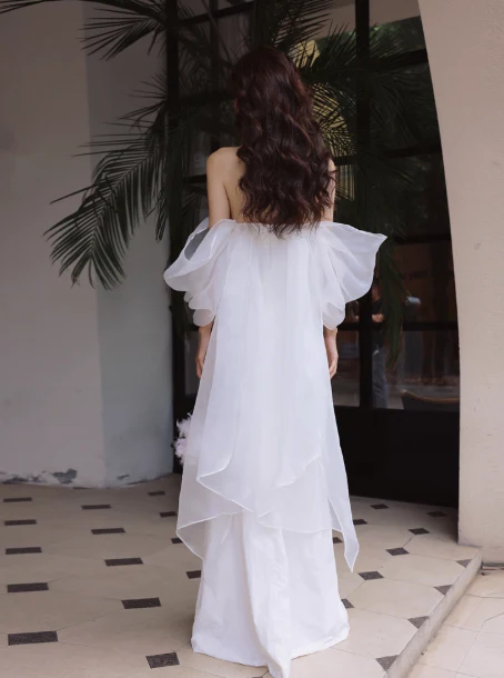 Elegant Off Shoulder Long Sheath Satin Wedding Dress Simple Bridal Gown DH2688 - Deanwangkt