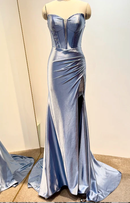 Elegant Strapless Sheath Grey Blue Long Prom Dresses Satin Grey Blue Evening Dresses DP3871 - Deanwangkt