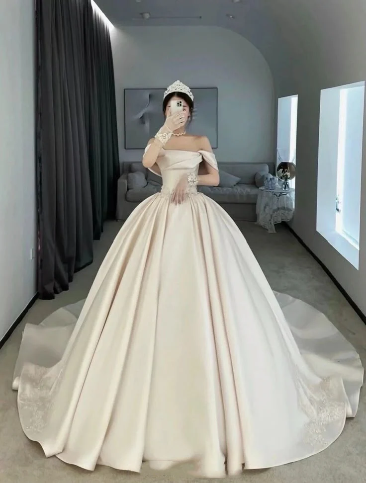 Princess Bridal Dress Ball Gown Off The Shoulder Pink Wedding Dress Ruffles Satin Wedding Dresses Modest Wedding Gowns DH1777 - Deanwangkt
