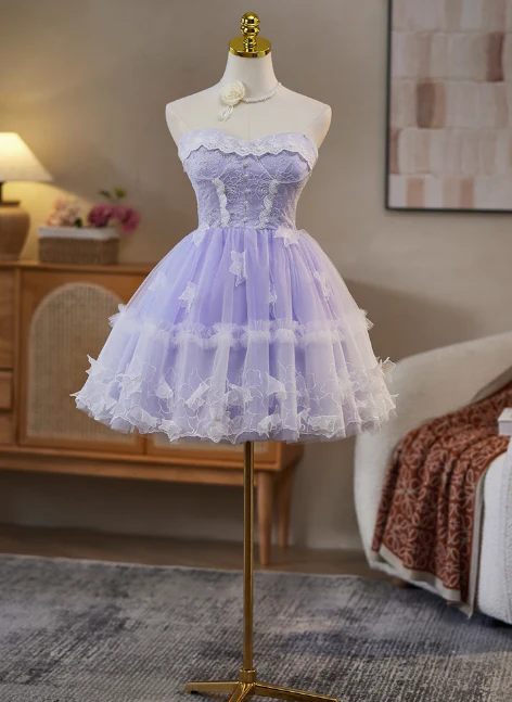 Sweet Strapless A-Line Tulle Lace Short Prom Dresses, Purple Homecoming Dresses DP3127 - Deanwangkt