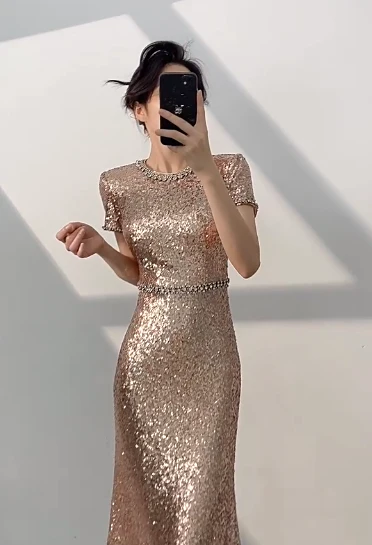 Elegant Champagne Jewel Sheath Mother of the Bride Dress with Sequined Short Sleeves Formal Evening Gown DP2963 - Deanwangkt