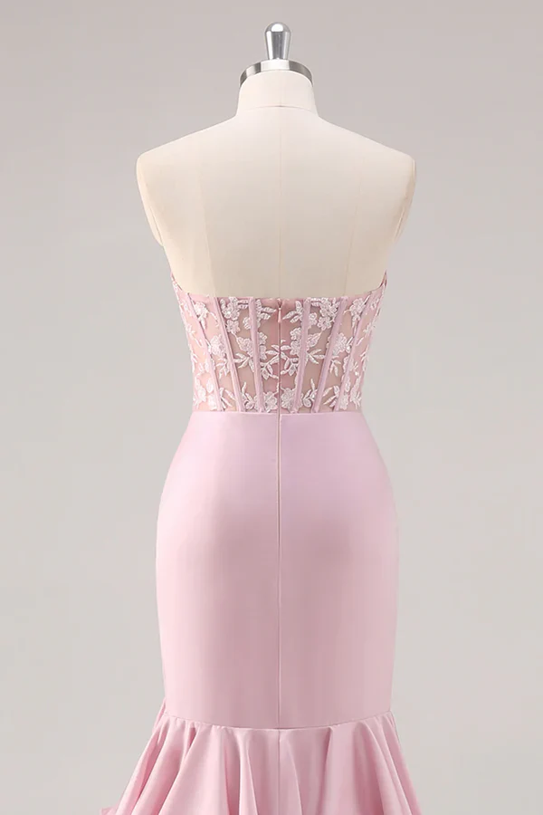 Blush Mermaid Strapless Corset Tiered Long Prom Dress with Slit Graduation Dresses DP525 - Deanwangkt