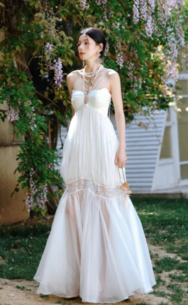 Elegant White Halter Neck A-Line Tulle Long Prom Dress Formal Evening Dress DP2956 - Deanwangkt