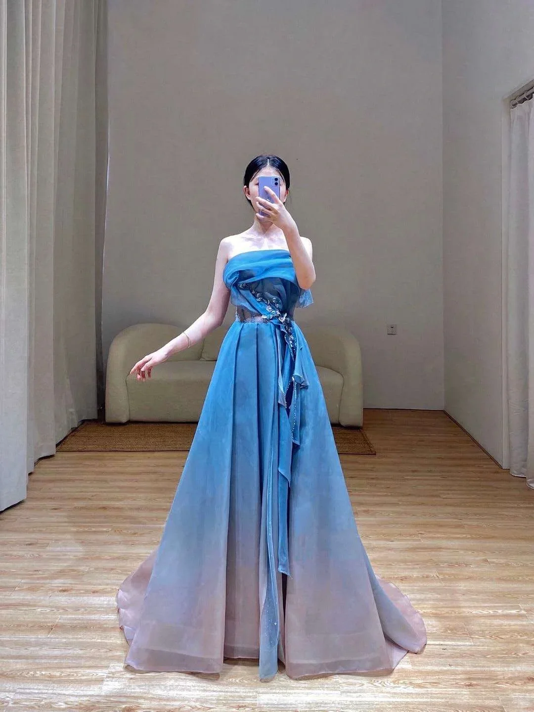 Elegant Glamour Ball Gown Strapless Blue Tulle Prom Dress Party Dress Evening Dresses DP1514 - Deanwangkt